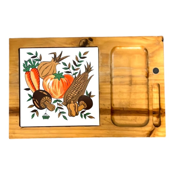 vintage charcuterie board retro 70s wood serving tray inset tile fall harvest - Picture 1 of 4